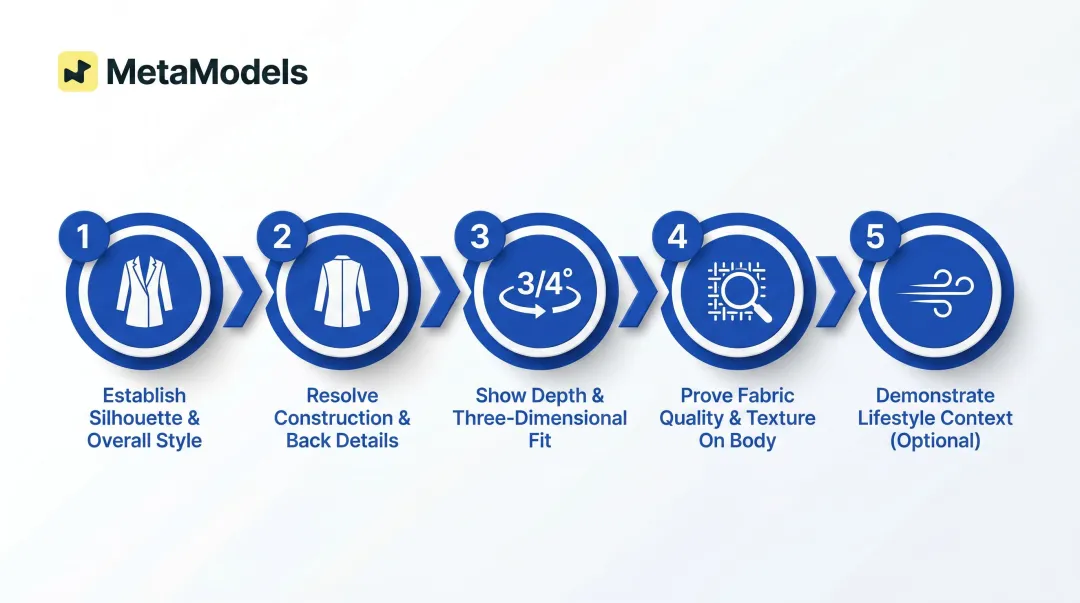 5-step fashion product image stack sequence from silhouette to lifestyle shot