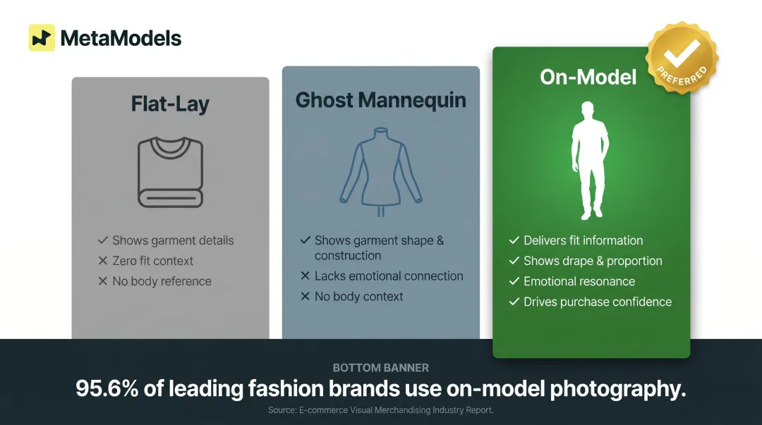 On-model versus flat-lay versus ghost mannequin fashion photography comparison infographic