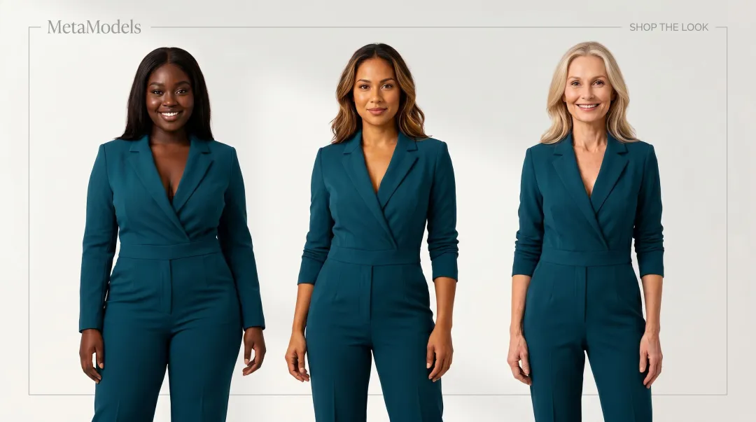 Diverse group of models wearing same fashion garment in multiple body types and skin tones