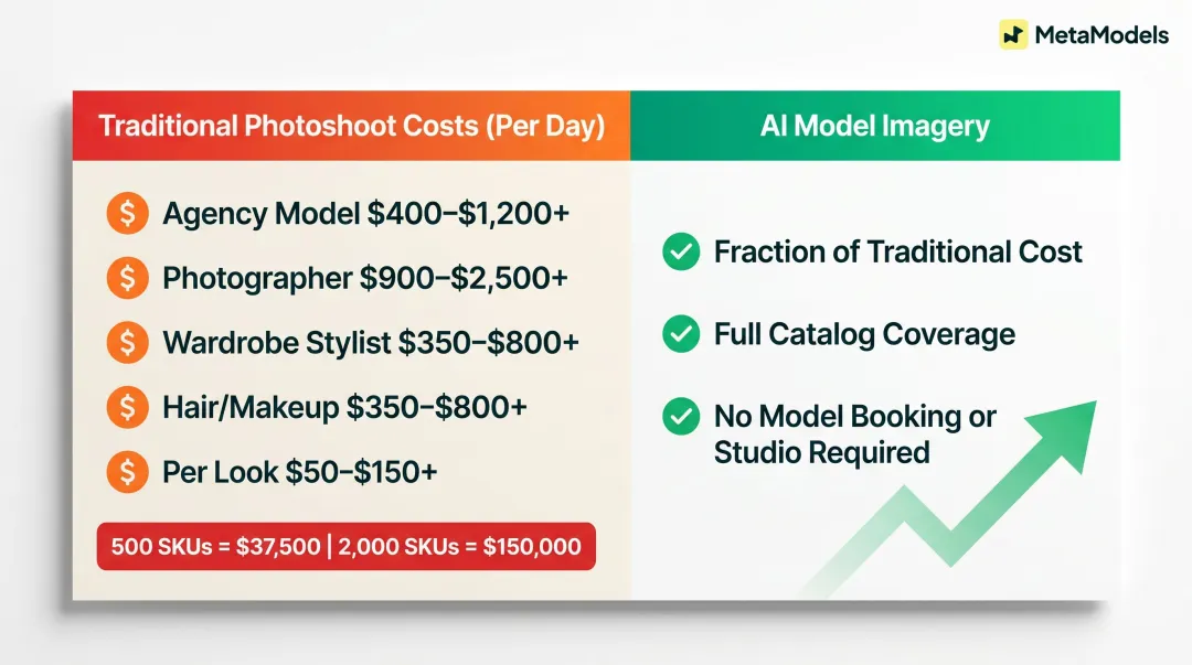 Traditional fashion photoshoot cost breakdown versus AI model imagery cost comparison