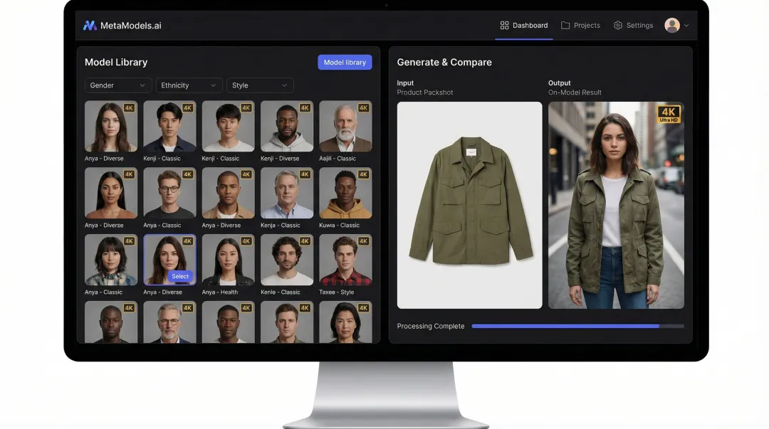 MetaModels.ai platform interface showing diverse AI model library and garment draping output