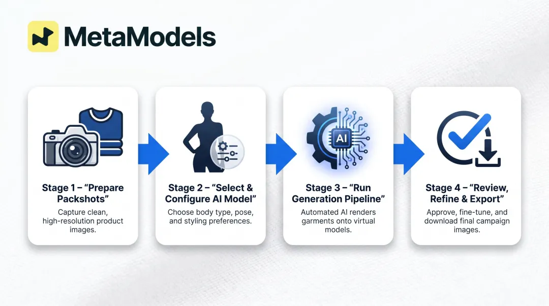 4-stage AI model photo automation workflow from packshot to export