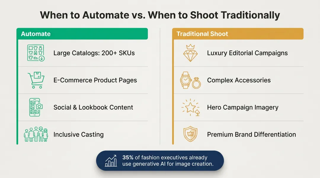 AI model photo best-fit versus traditional shoot use case comparison chart