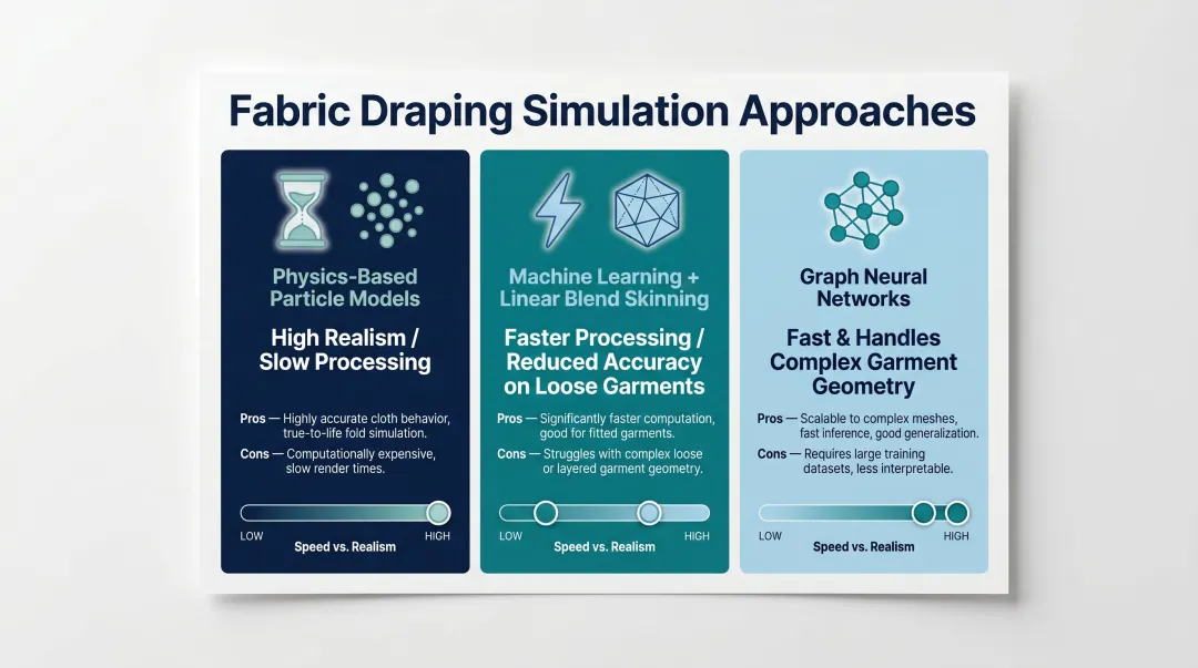 Three AI fabric draping simulation methods compared by speed and realism accuracy