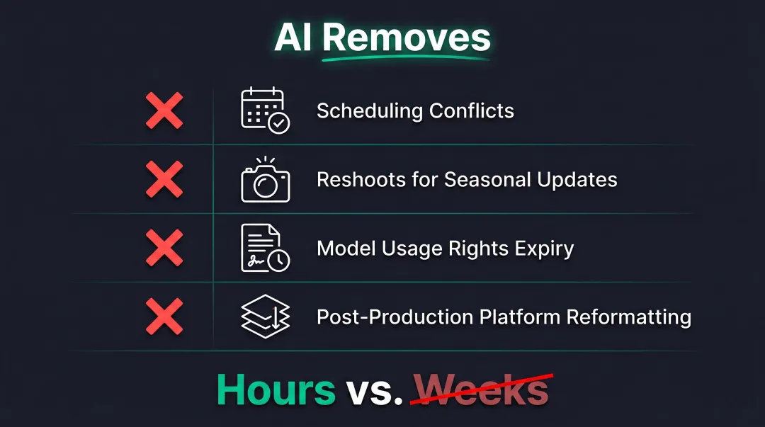 Four operational bottlenecks eliminated by AI fashion photography workflow infographic