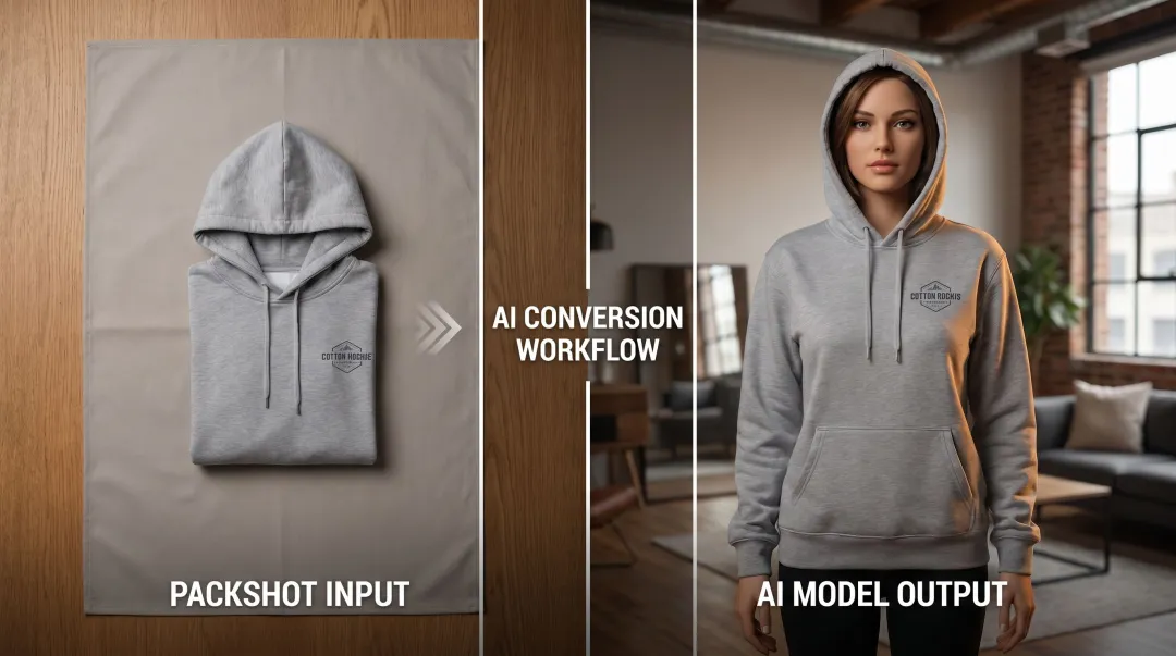 AI packshot to on-model product imagery conversion example for e-commerce brands