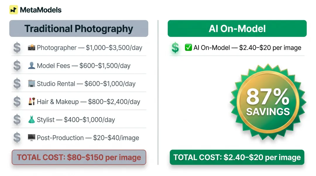 Traditional photography versus AI on-model photo cost breakdown comparison infographic