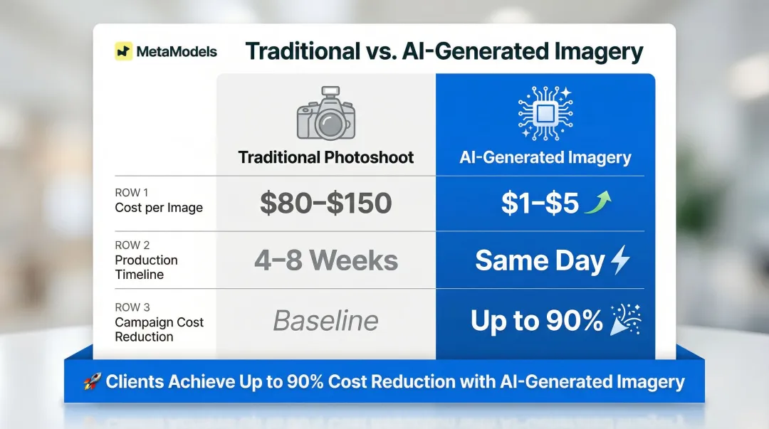 Traditional photoshoot versus AI-generated imagery cost timeline and savings comparison chart