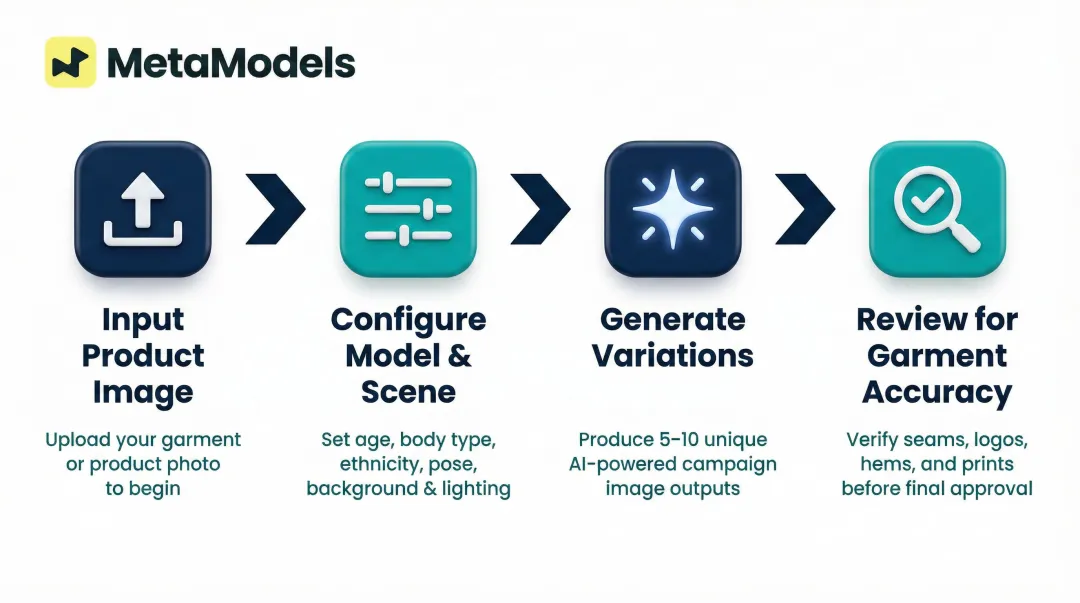 4-step AI apparel campaign image generation and review workflow process flow