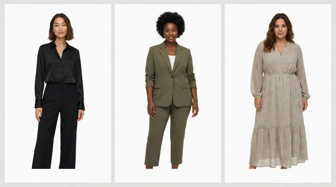 Diverse group of fashion models representing multiple body types and ethnicities on e-commerce page