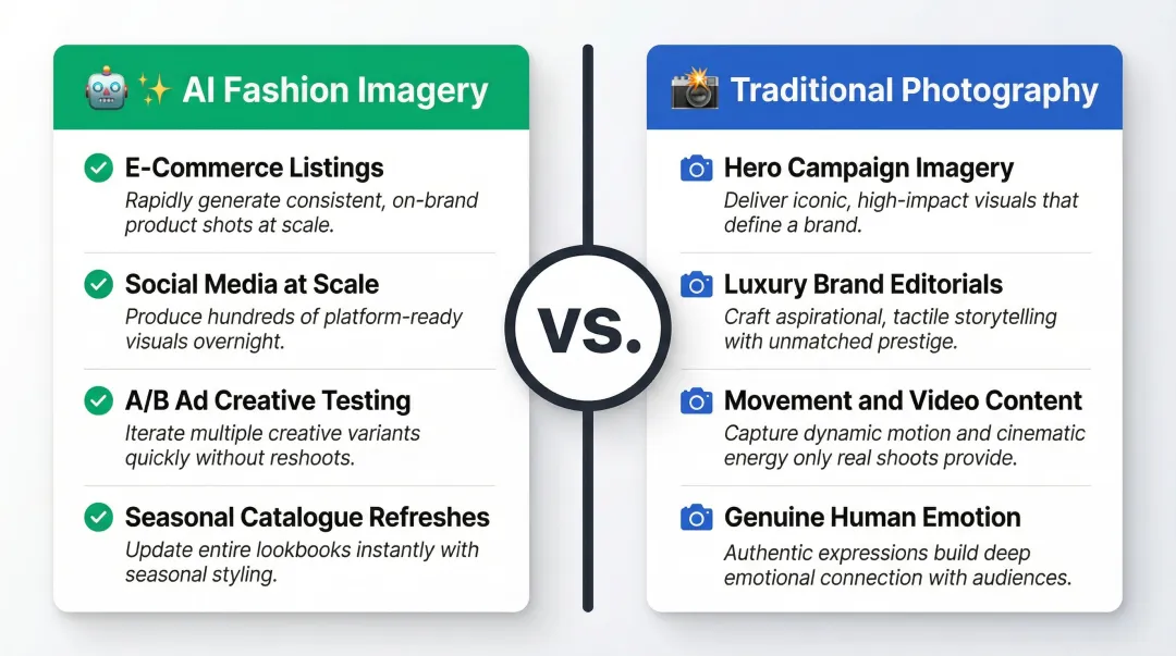 AI fashion model images versus traditional photography use case comparison chart