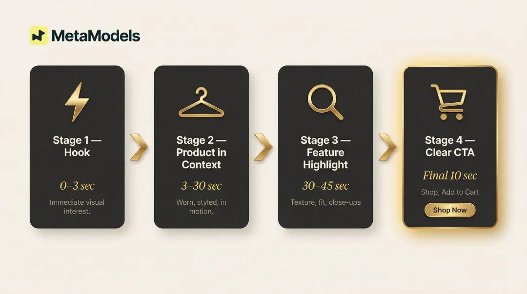 4-step shoppable fashion video conversion structure hook to CTA