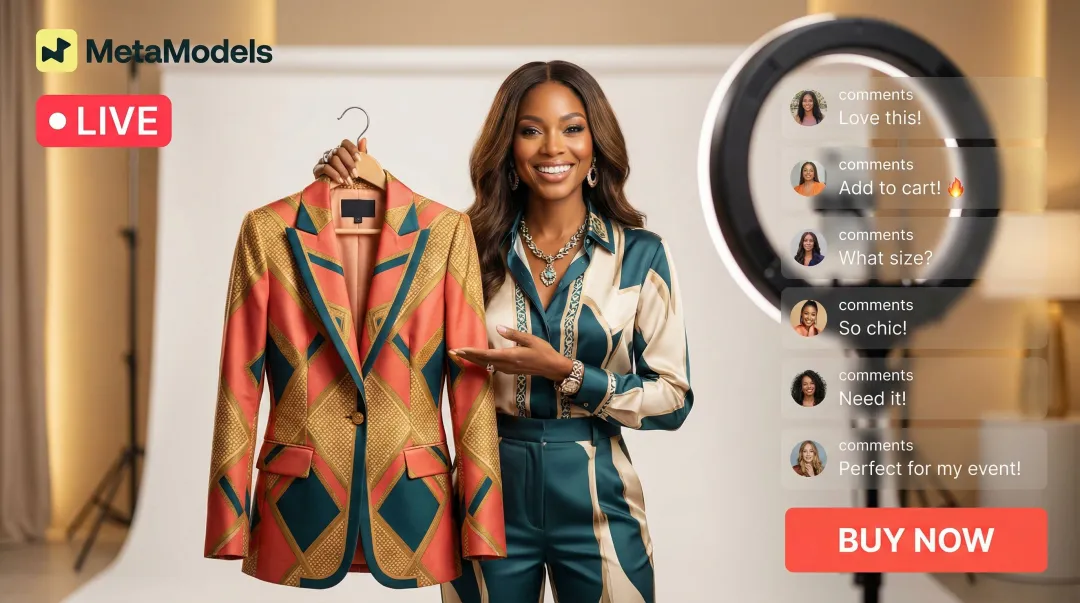 Live shopping fashion event host presenting clothing products to online audience