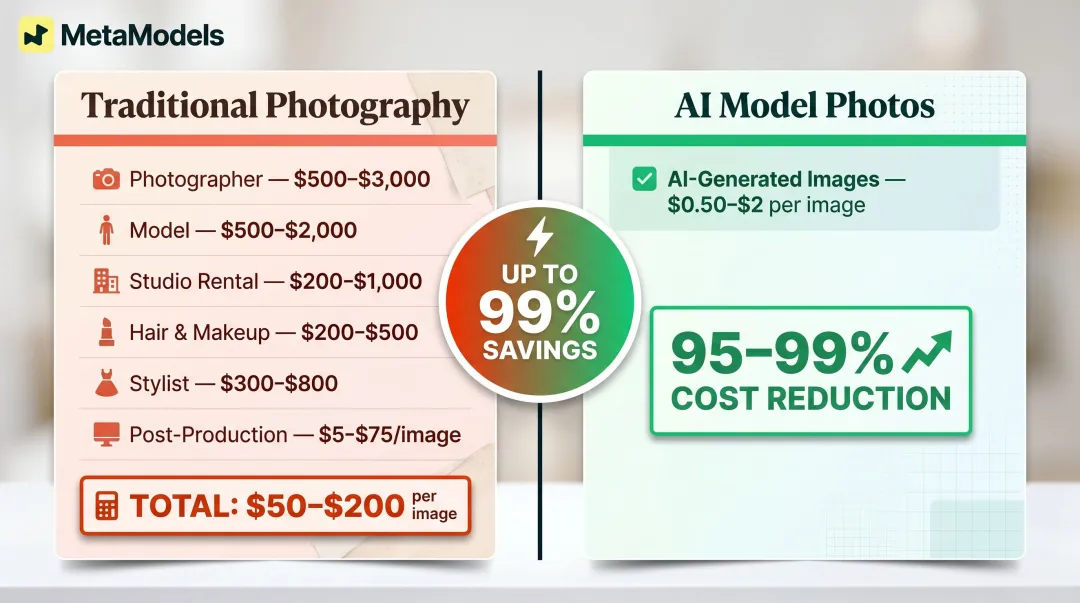 Traditional photography versus AI model photo cost comparison per image breakdown