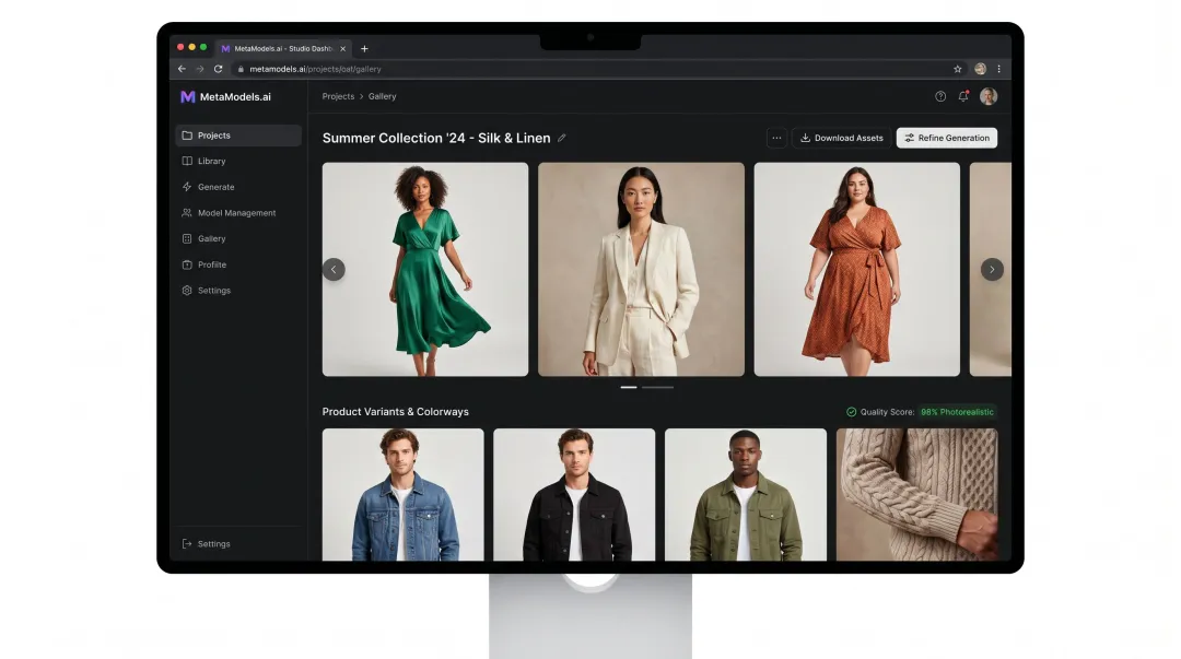 MetaModels.ai platform interface showing AI on-model fashion imagery generation with fabric draping