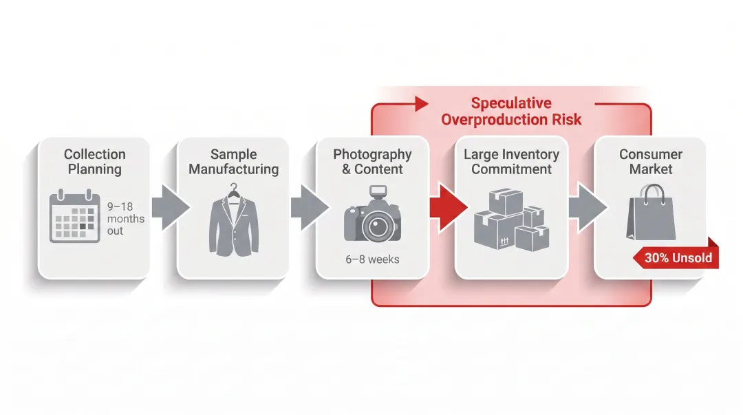 Traditional fashion photography pipeline showing 6–8 week content production timeline bottleneck