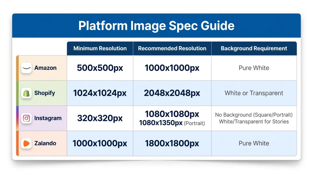 E-commerce platform image resolution and background requirements comparison table infographic