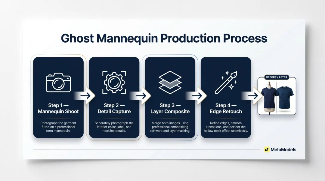 Ghost mannequin photography four-step production process flow diagram