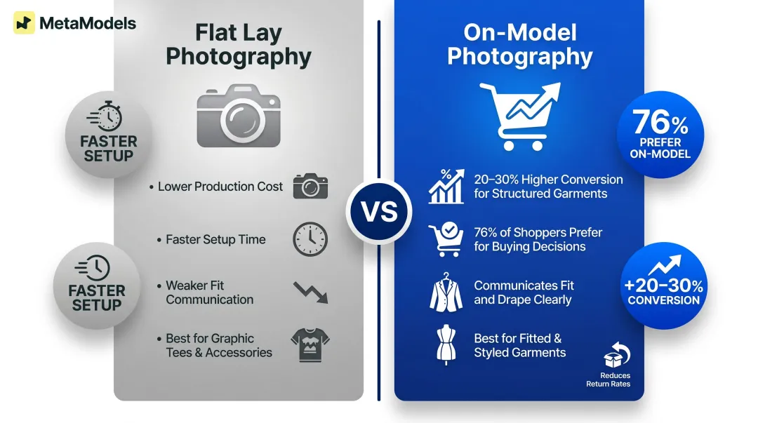 On-model versus flat lay conversion rate comparison infographic for fashion e-commerce