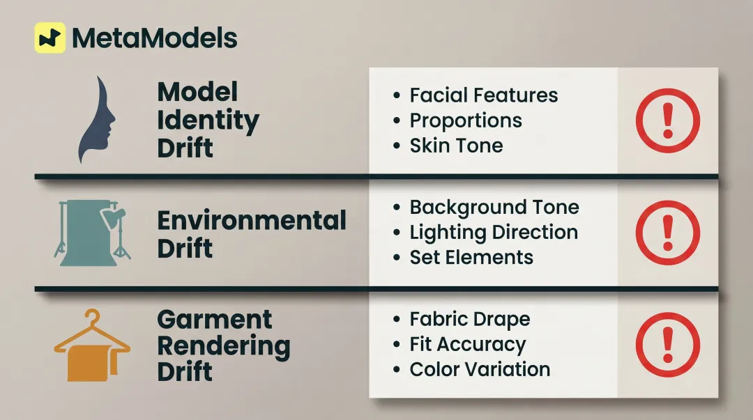 Three AI catalog consistency failure points model environment and garment drift