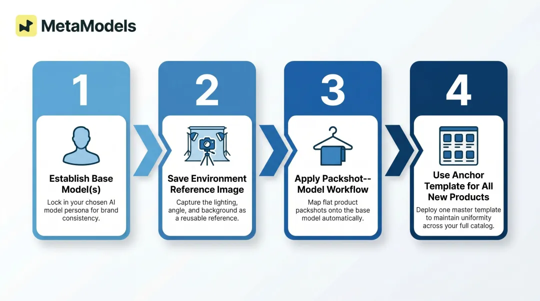 Four-step AI catalog workflow from base model setup to batch SKU generation