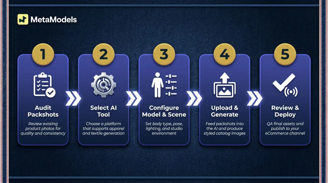 5-step AI denim catalog production workflow from packshot to deployment