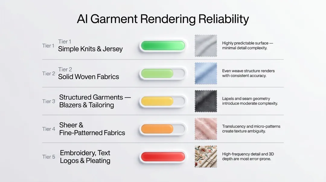 AI fashion model garment complexity rendering difficulty scale from simple to complex fabrics