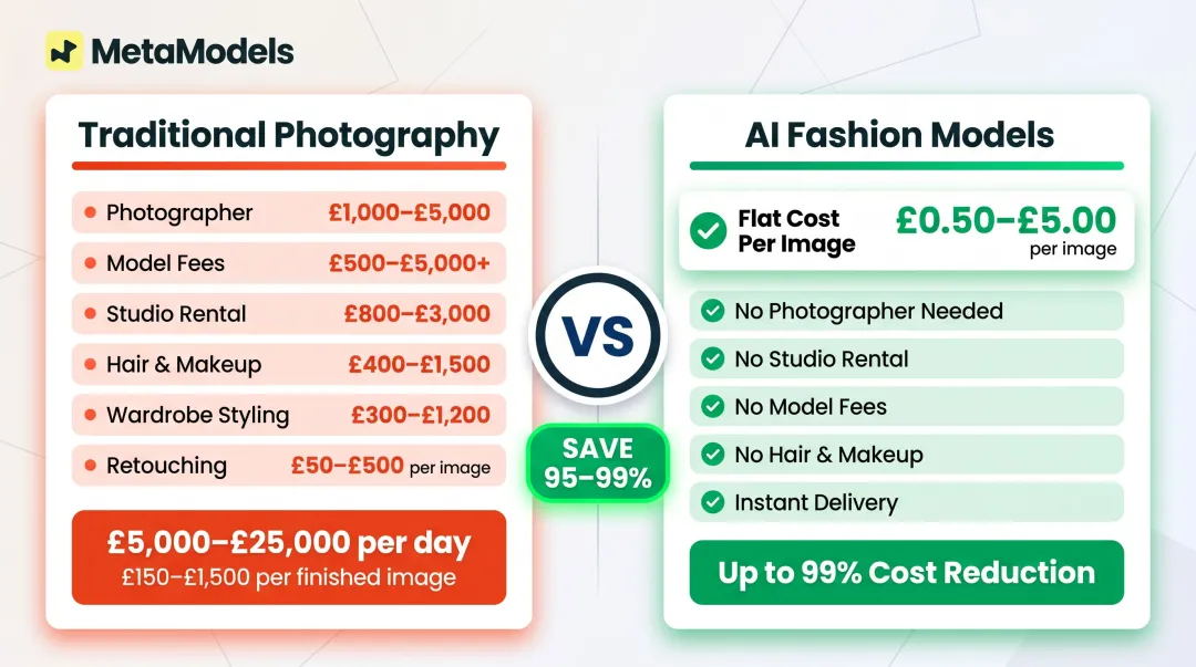 Traditional fashion photography versus AI model cost comparison per image infographic