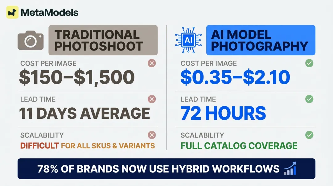 AI model photography versus traditional photoshoot cost time and scalability comparison