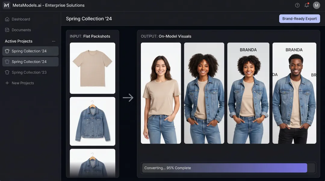 MetaModels AI platform showing on-model fashion imagery generated from packshot photos