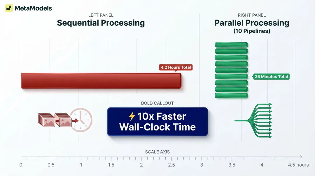 Sequential versus parallel AI image batch processing time comparison for 500 SKUs