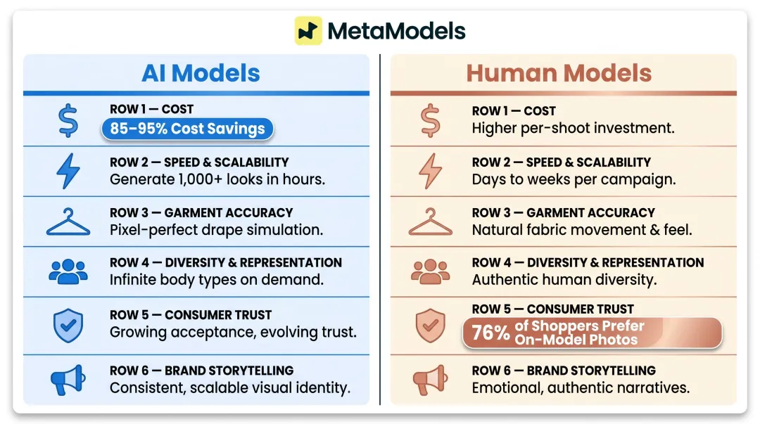 AI versus human fashion models six-factor comparison infographic side-by-side