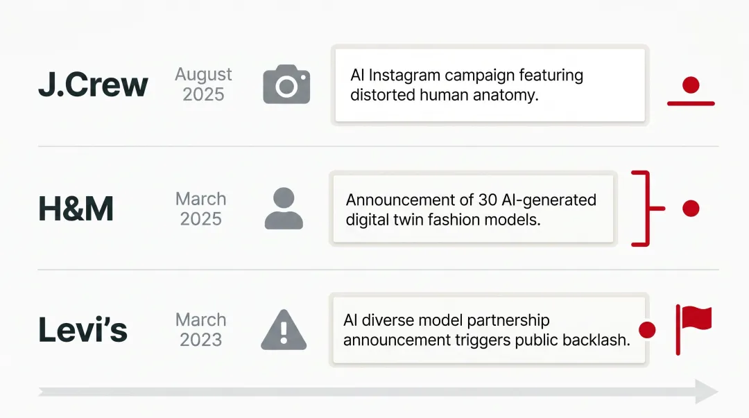 Three fashion brand AI backlash incidents comparison infographic 2023 to 2025