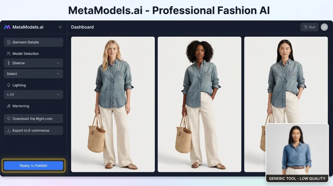 MetaModels AI fashion platform showing diverse model library and garment rendering interface