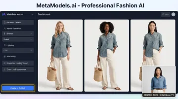 MetaModels AI fashion platform showing diverse model library and garment rendering interface