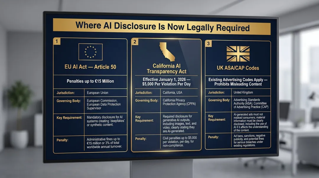AI disclosure regulatory requirements EU California UK jurisdiction penalties comparison infographic