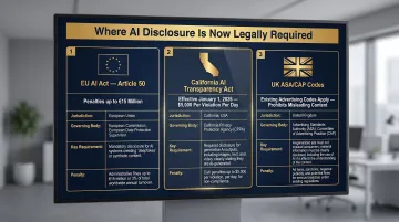 AI disclosure regulatory requirements EU California UK jurisdiction penalties comparison infographic