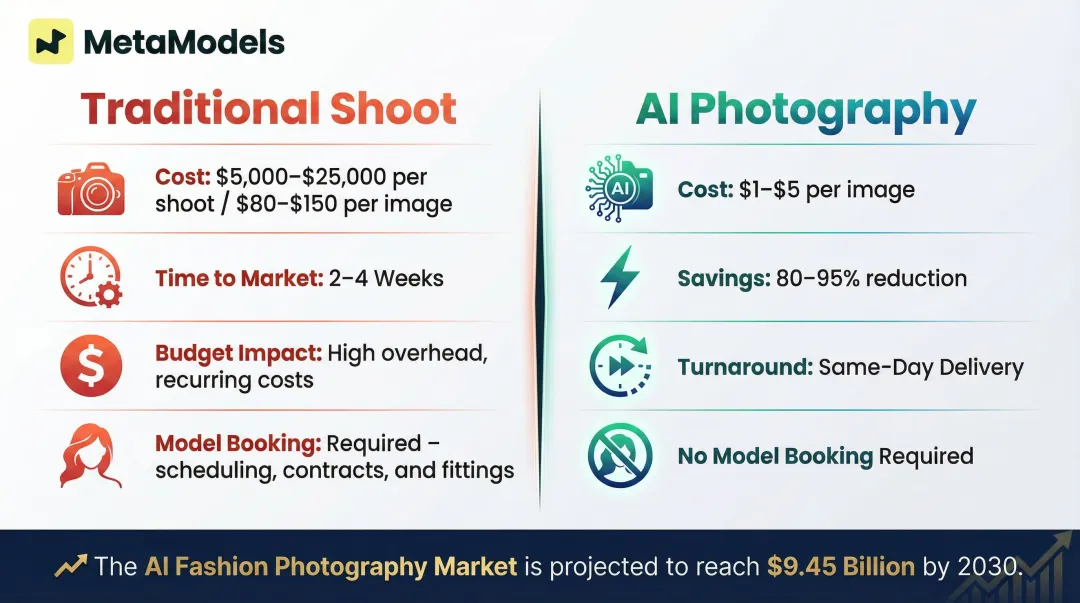 Traditional fashion photography versus AI photography cost and timeline comparison infographic