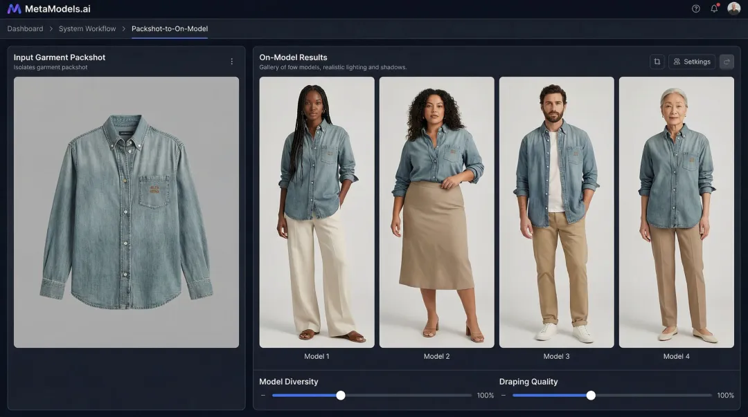MetaModels.ai platform dashboard showing packshot to on-model image conversion workflow