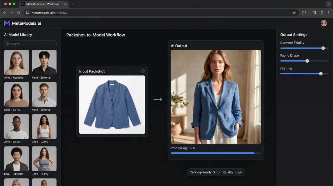 MetaModels.ai platform interface showing packshot-to-on-model image conversion workflow