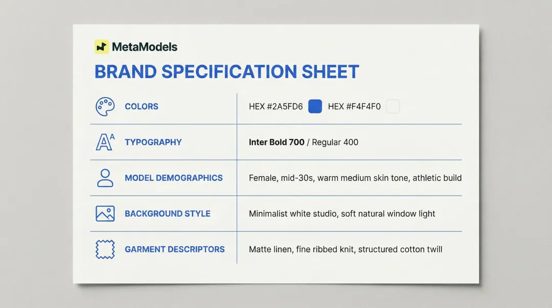 Brand-to-AI reference sheet five specification categories for fashion brands