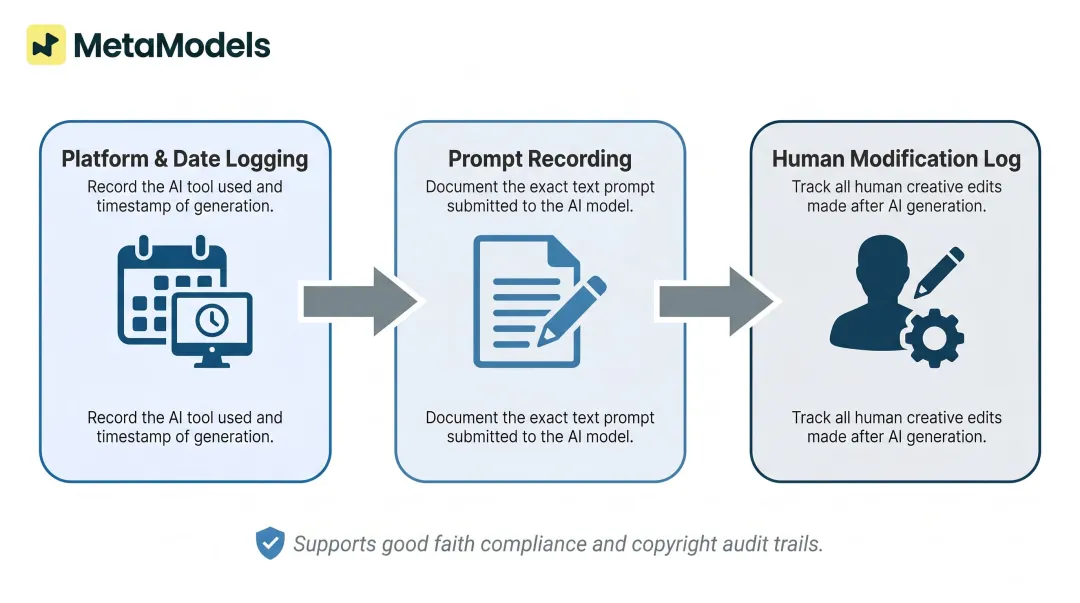 Three-step AI image documentation workflow for copyright compliance and audit trail