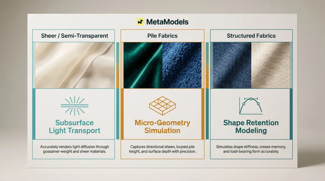 Three challenging fabric types AI rendering comparison showing sheer pile and structured materials