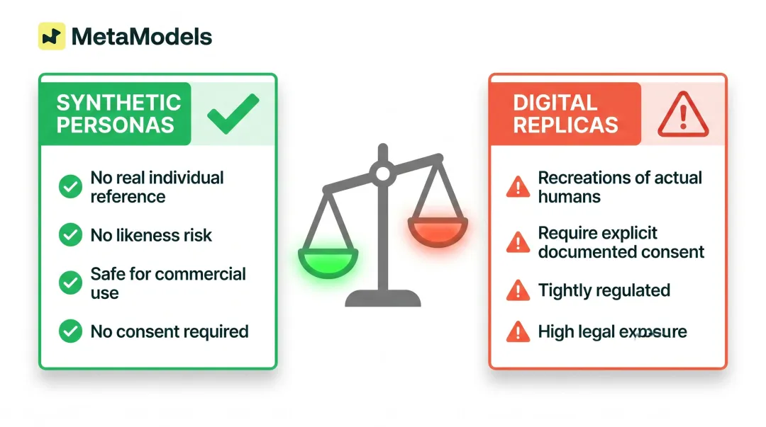 Synthetic AI model personas versus digital replicas legal risk comparison chart