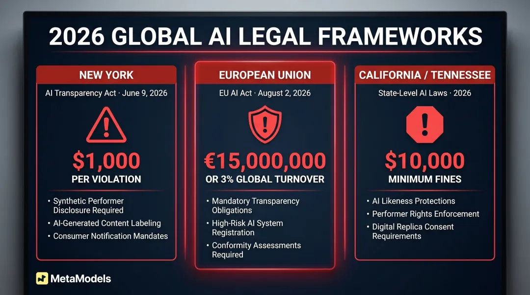 Three 2026 AI advertising compliance laws with penalties comparison infographic