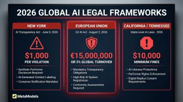 Three 2026 AI advertising compliance laws with penalties comparison infographic