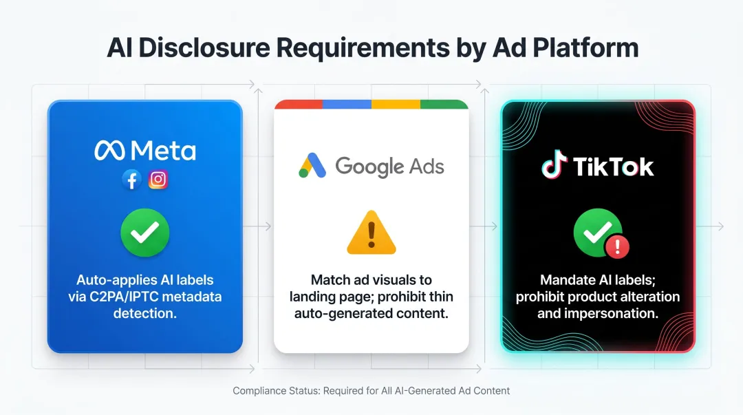 AI content disclosure requirements across Meta TikTok and Google Ads platforms