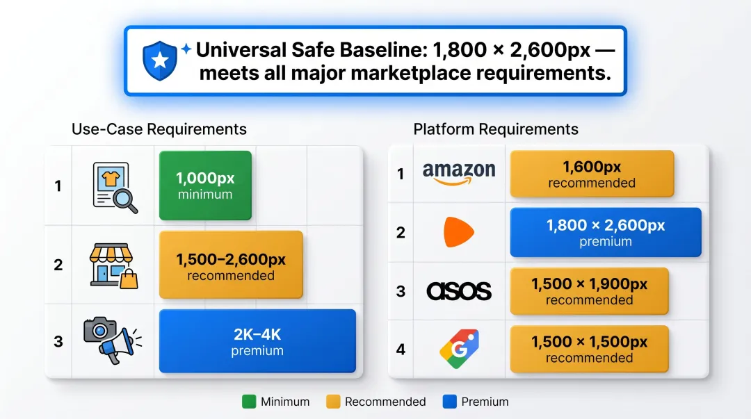 AI image resolution requirements by use case and marketplace platform comparison chart