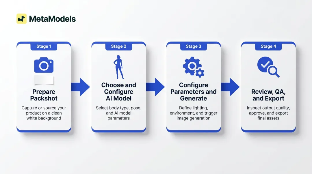 4-step AI fashion image generation process from packshot to export