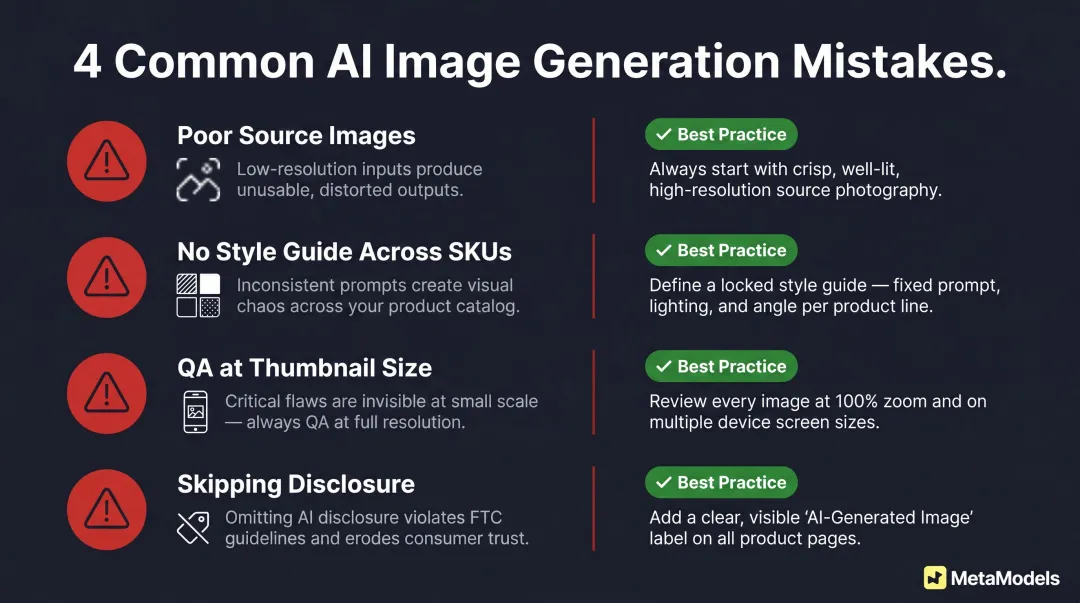 Four common AI fashion image quality mistakes brands should avoid infographic